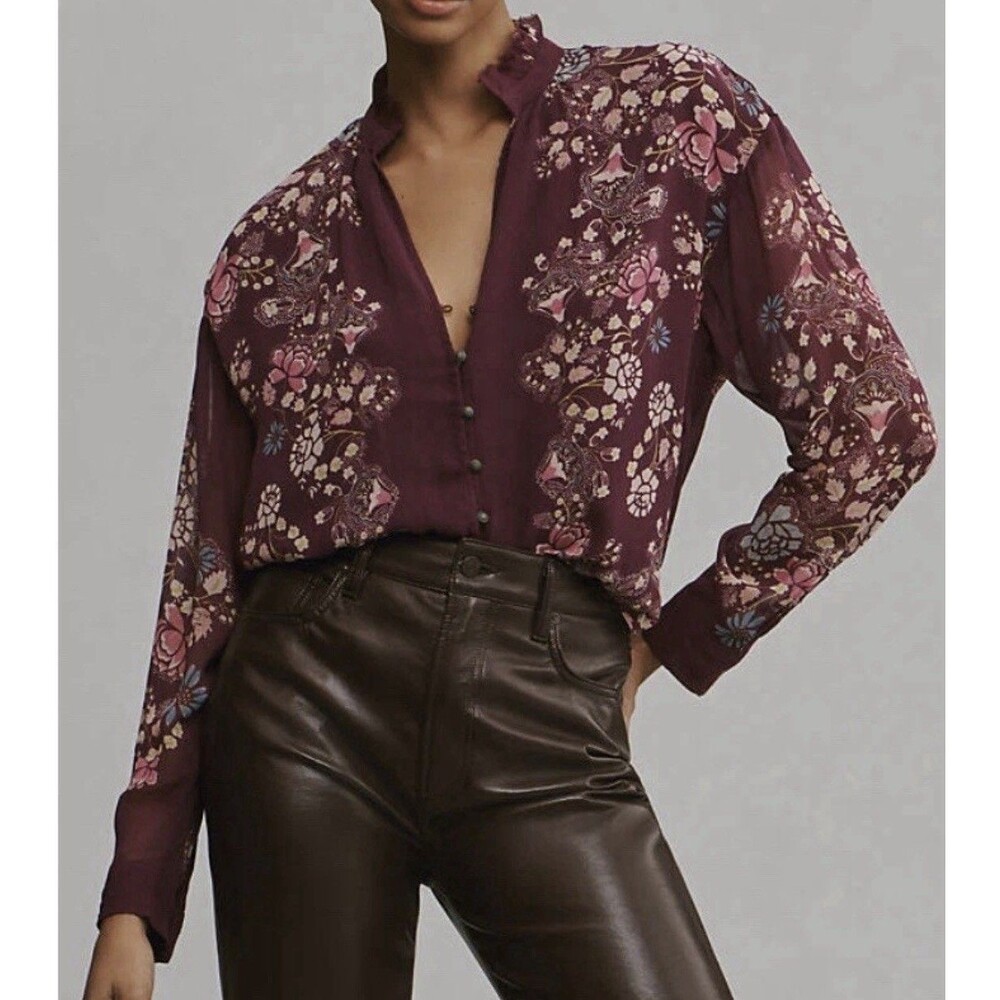 Pilcro Anthropologie The Tavi Floral Button Down Blouse Size XXS Purple Chiffon